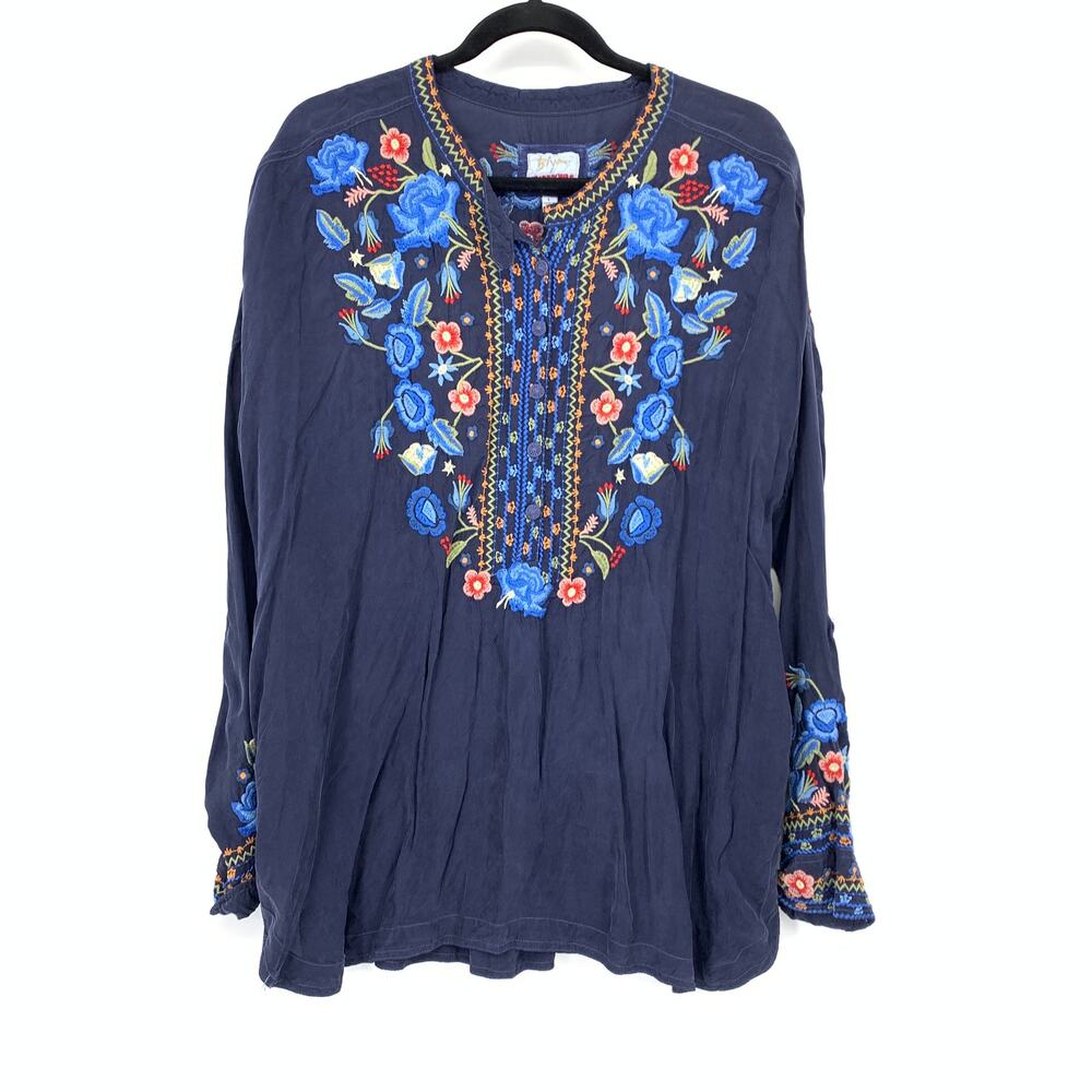Biya Johnny Was Embroidered Indra Challis Blouse Womens Size L Long Sleeve Blue